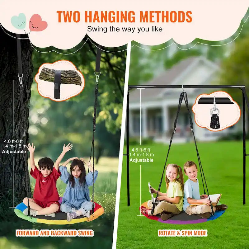 Balançoire ronde pour enfants, avec sangles de suspension et cordes multibrins réglables, idéale pour les activités de plein air.