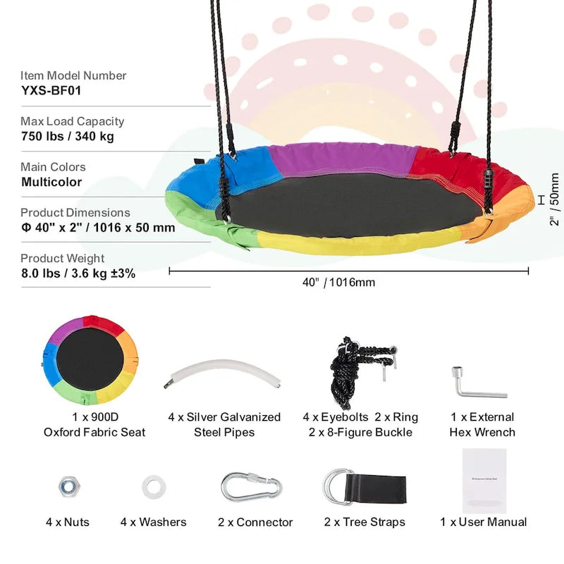 Balançoire ronde pour enfants, avec sangles de suspension et cordes multibrins réglables, idéale pour les activités de plein air.