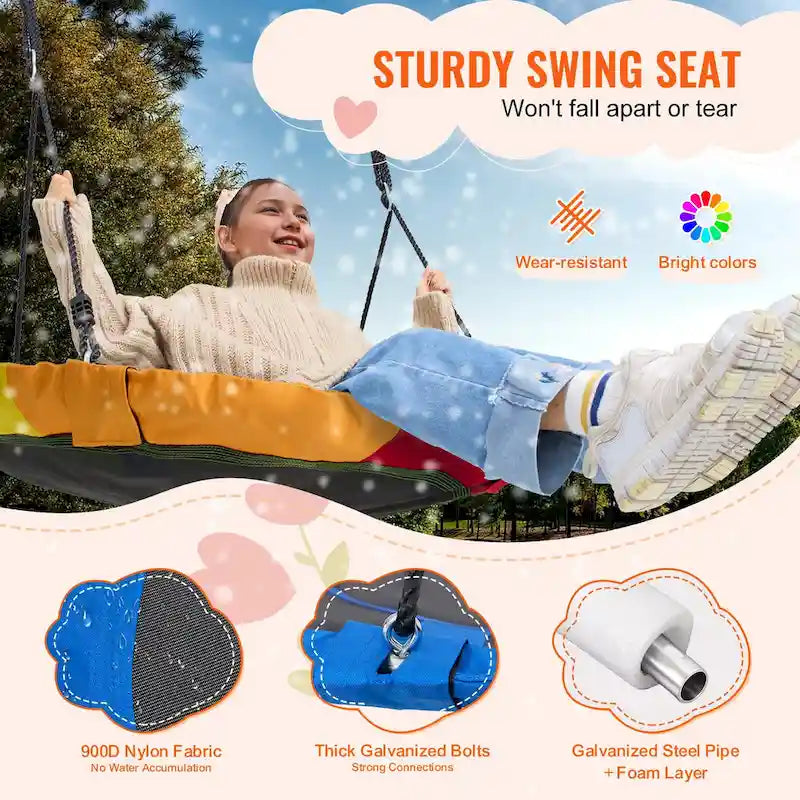 Balançoire ronde pour enfants, avec sangles de suspension et cordes multibrins réglables, idéale pour les activités de plein air.