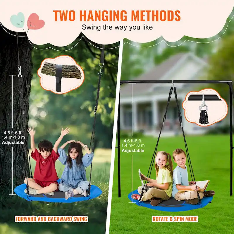 Balançoire ronde pour enfants, avec sangles de suspension et cordes multibrins réglables, idéale pour les activités de plein air.