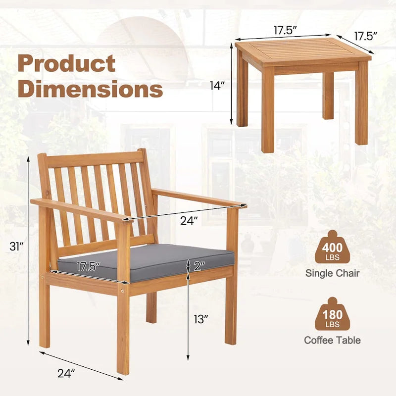 Ensemble de mobilier de jardin Costway 3 pièces en bois d'acacia : chaises et table basse - Voir les détails