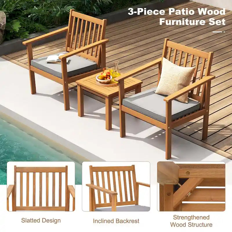 Ensemble de mobilier de jardin Costway 3 pièces en bois d'acacia : chaises et table basse - Voir les détails