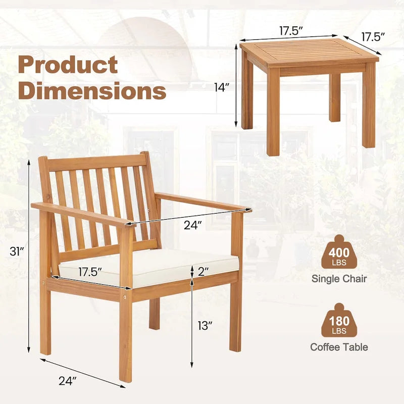 Ensemble de mobilier de jardin Costway 3 pièces en bois d'acacia : chaises et table basse - Voir les détails