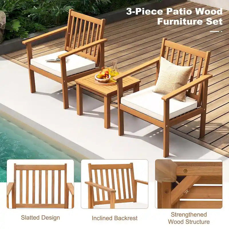Ensemble de mobilier de jardin Costway 3 pièces en bois d'acacia : chaises et table basse - Voir les détails