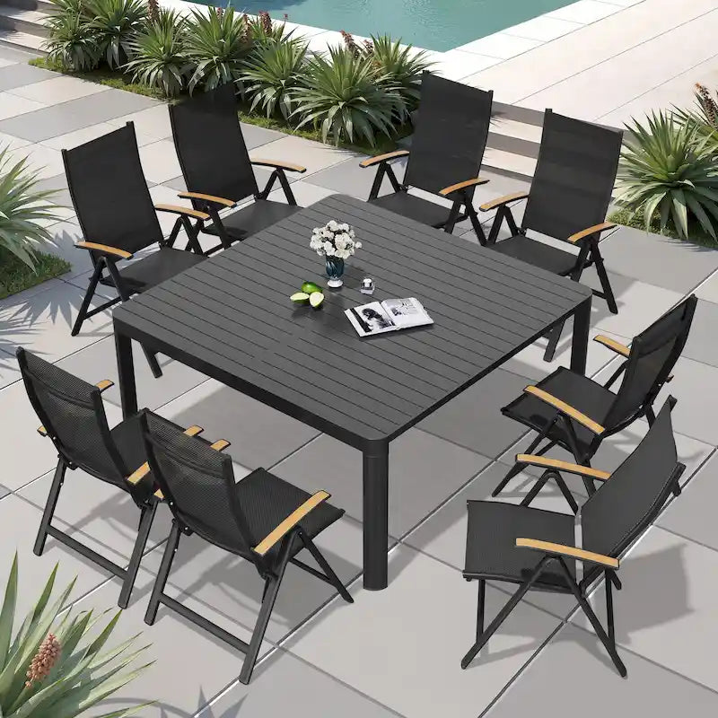 Table de salle à manger d'extérieur 9 pièces, table extensible en aluminium avec chaises pliantes.