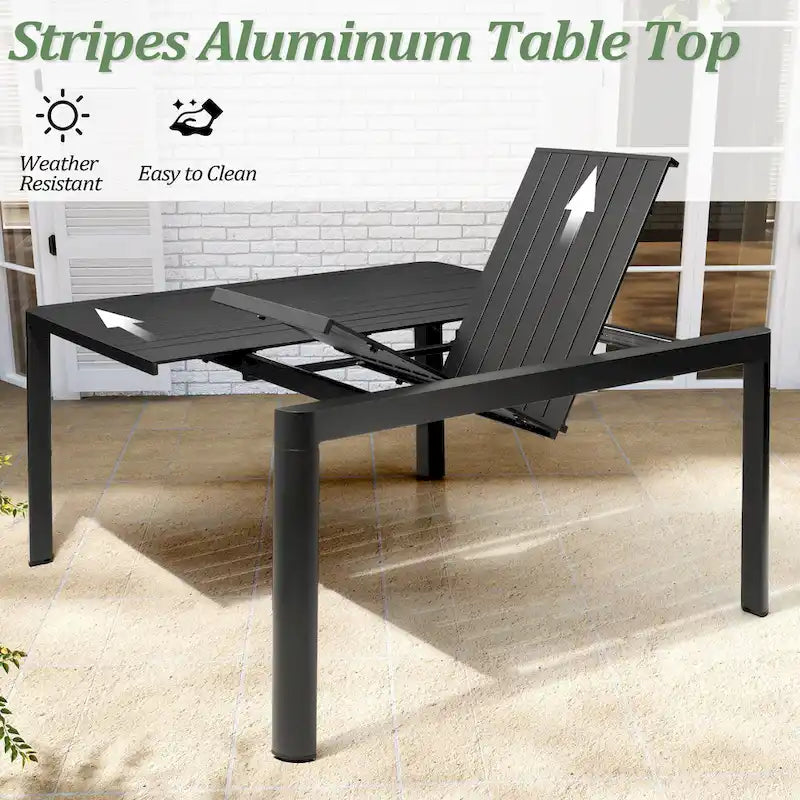 Table de salle à manger d'extérieur 9 pièces, table extensible en aluminium avec chaises pliantes.
