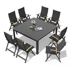 Table de salle à manger d'extérieur 9 pièces, table extensible en aluminium avec chaises pliantes.