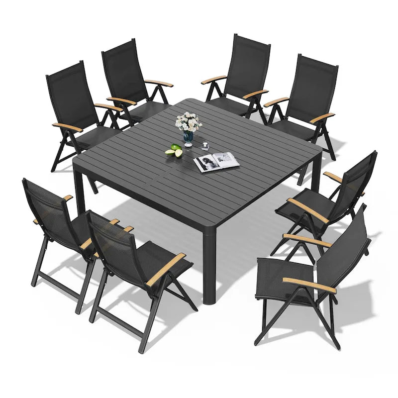 Table de salle à manger d'extérieur 9 pièces, table extensible en aluminium avec chaises pliantes.