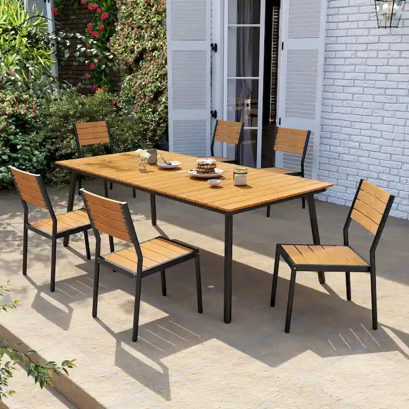 Table de salle à manger rectangulaire d'extérieur en aluminium 7 pièces avec chaises empilables