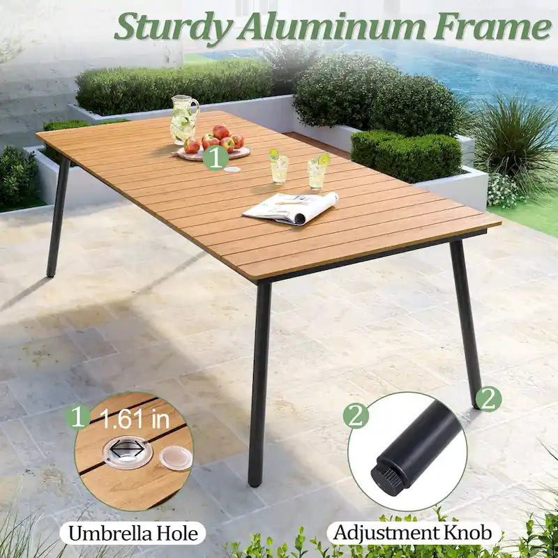 Table de salle à manger rectangulaire d'extérieur en aluminium 7 pièces avec chaises empilables