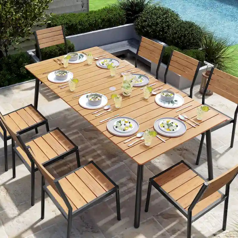 Table de salle à manger rectangulaire d'extérieur en aluminium 7 pièces avec chaises empilables