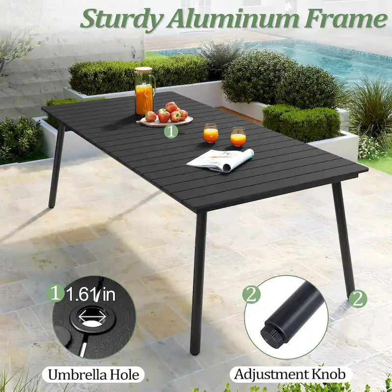 Table de salle à manger rectangulaire d'extérieur en aluminium 7 pièces avec chaises empilables