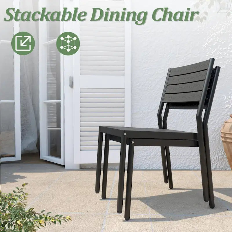 Table de salle à manger rectangulaire d'extérieur en aluminium 7 pièces avec chaises empilables