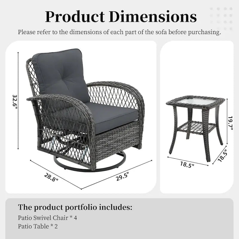 Ensemble de 6 pièces UPHA pour patio extérieur en osier pivotant avec table d'appoint et coussins