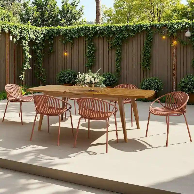 Ensemble de salle à manger d'extérieur extensible 7 pièces avec table extensible en bois d'acacia et 6 chaises empilables