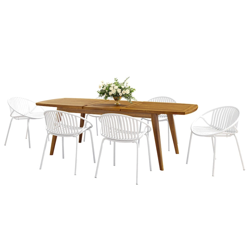 Ensemble de salle à manger d'extérieur extensible 7 pièces avec table extensible en bois d'acacia et 6 chaises empilables