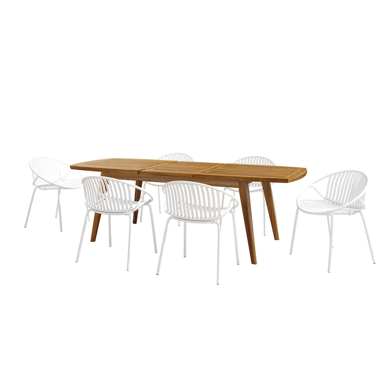 Ensemble de salle à manger d'extérieur extensible 7 pièces avec table extensible en bois d'acacia et 6 chaises empilables