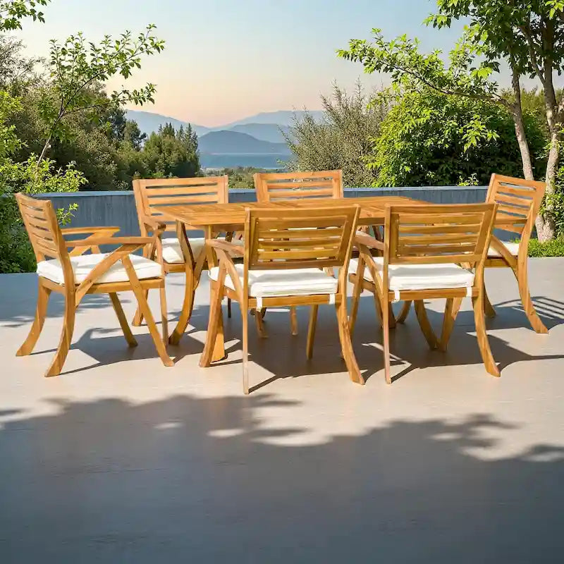 Ensemble de salle à manger d'extérieur 7 pièces en bois d'acacia avec table rectangulaire et 6 chaises rembourrées