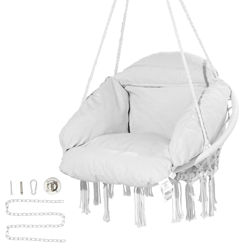 Fauteuil suspendu hamac, fauteuil suspendu en macramé avec coussin et matériel de fixation, fauteuil suspendu en corde de coton
