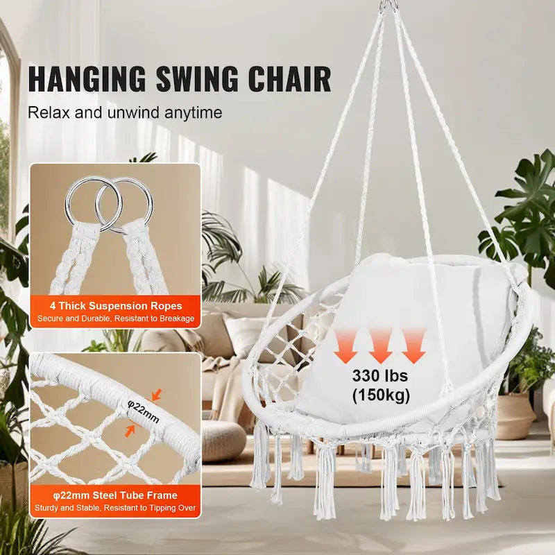 Fauteuil suspendu hamac, fauteuil suspendu en macramé avec coussin et matériel de fixation, fauteuil suspendu en corde de coton