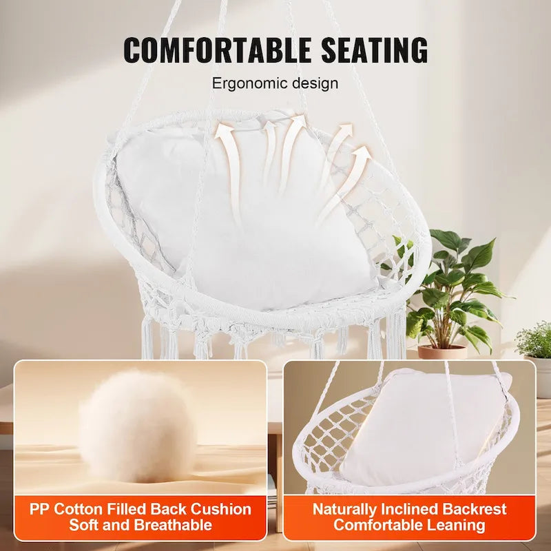 Fauteuil suspendu hamac, fauteuil suspendu en macramé avec coussin et matériel de fixation, fauteuil suspendu en corde de coton