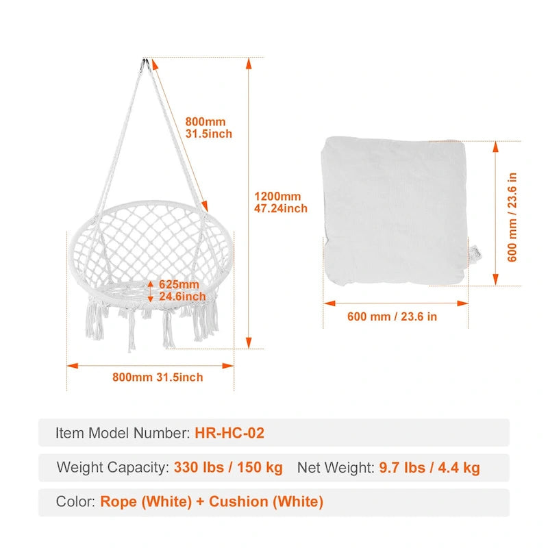 Fauteuil suspendu hamac, fauteuil suspendu en macramé avec coussin et matériel de fixation, fauteuil suspendu en corde de coton