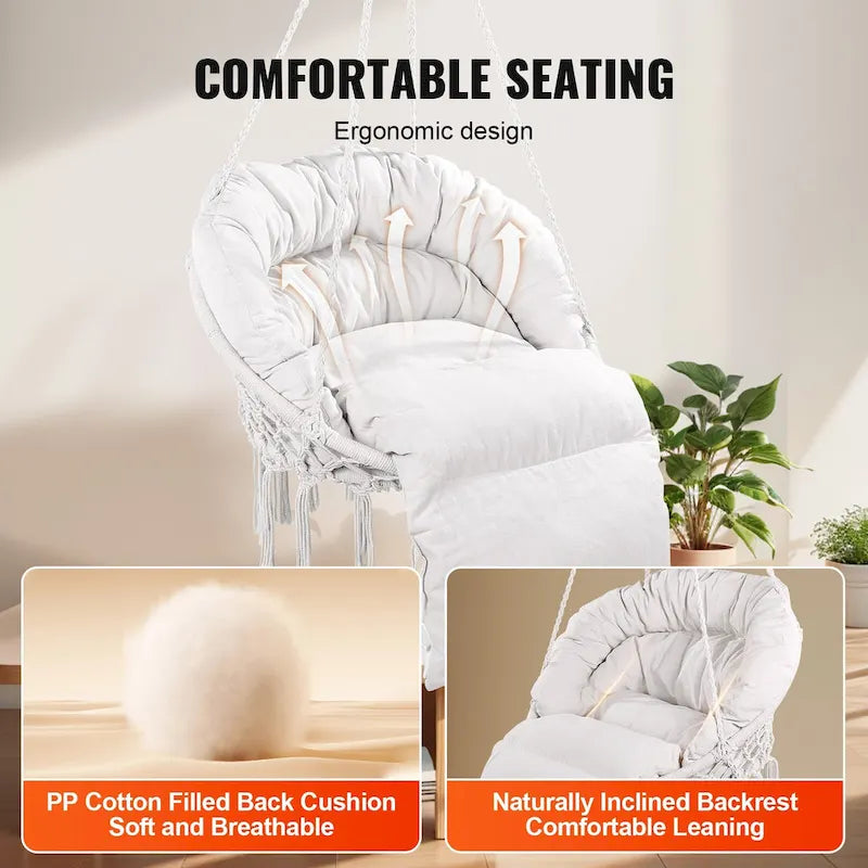 Fauteuil suspendu hamac, fauteuil suspendu en macramé avec coussin et matériel de fixation, fauteuil suspendu en corde de coton