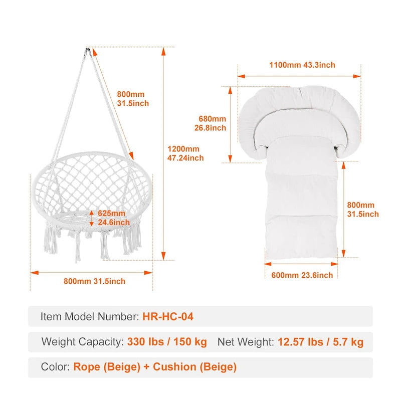 Fauteuil suspendu hamac, fauteuil suspendu en macramé avec coussin et matériel de fixation, fauteuil suspendu en corde de coton