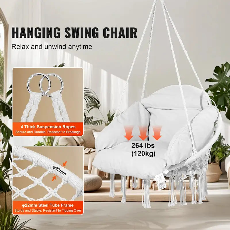 Fauteuil suspendu hamac, fauteuil suspendu en macramé avec coussin et matériel de fixation, fauteuil suspendu en corde de coton