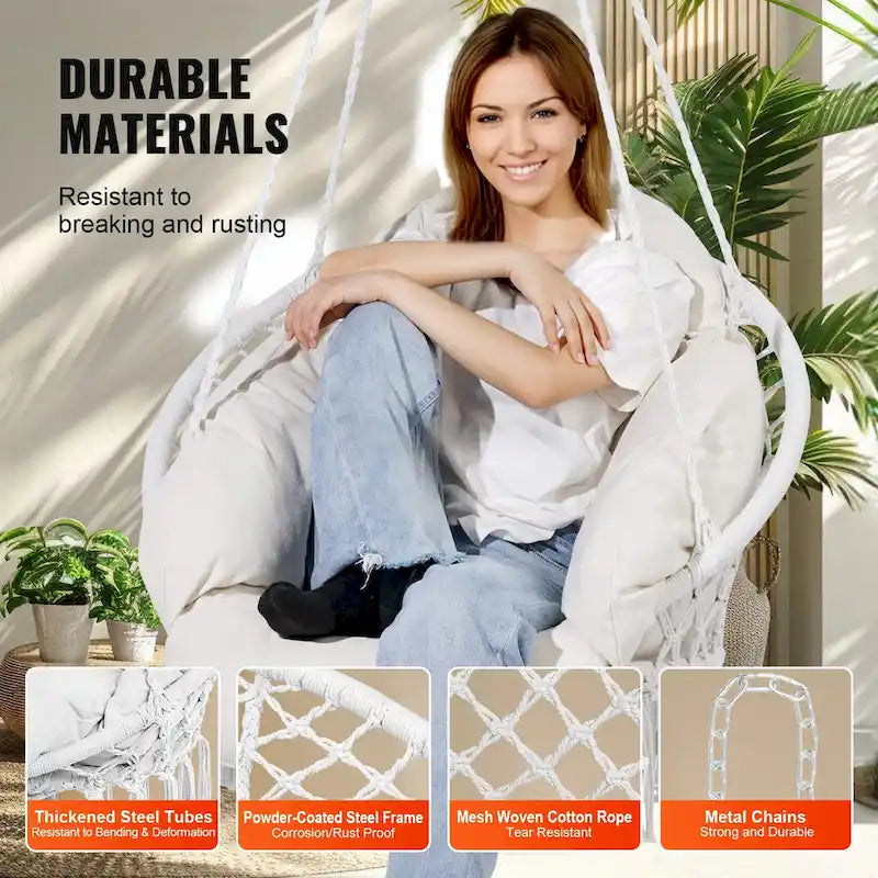 Fauteuil suspendu hamac, fauteuil suspendu en macramé avec coussin et matériel de fixation, fauteuil suspendu en corde de coton