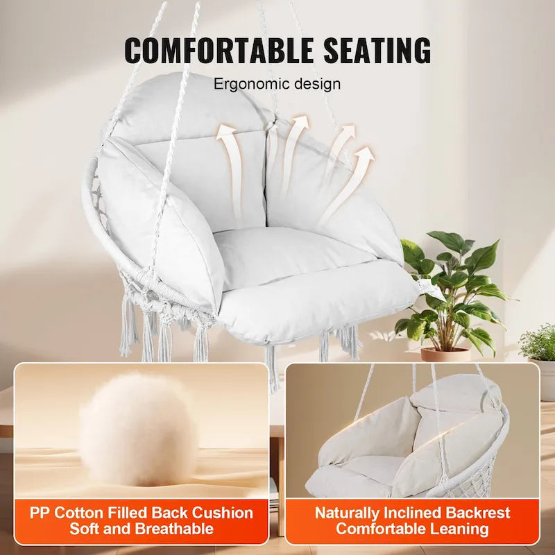 Fauteuil suspendu hamac, fauteuil suspendu en macramé avec coussin et matériel de fixation, fauteuil suspendu en corde de coton