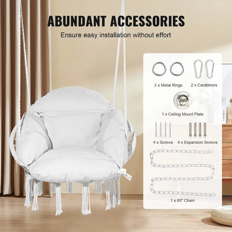 Fauteuil suspendu hamac, fauteuil suspendu en macramé avec coussin et matériel de fixation, fauteuil suspendu en corde de coton