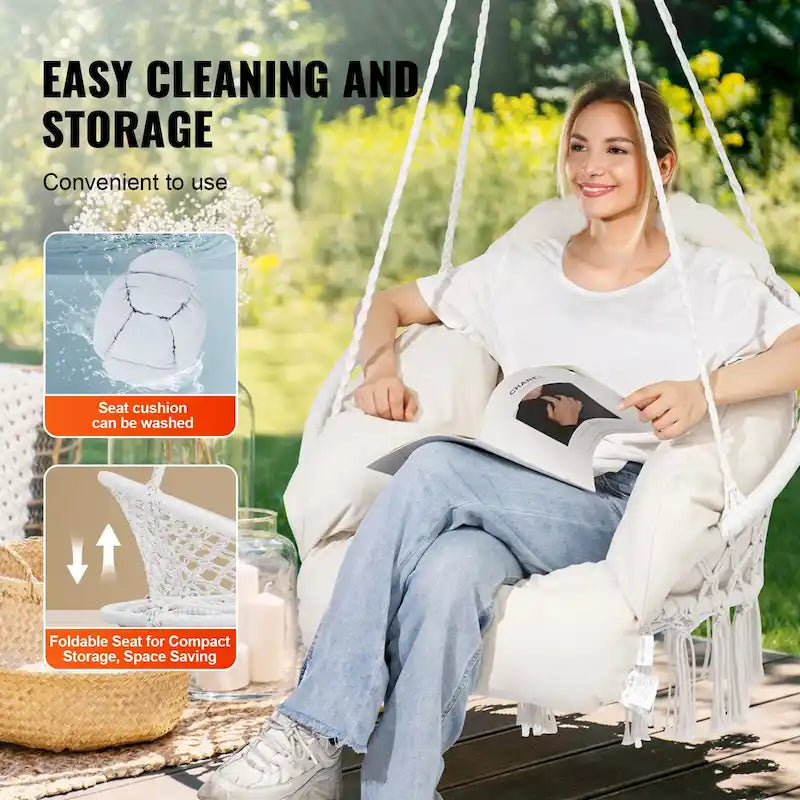 Fauteuil suspendu hamac, fauteuil suspendu en macramé avec coussin et matériel de fixation, fauteuil suspendu en corde de coton