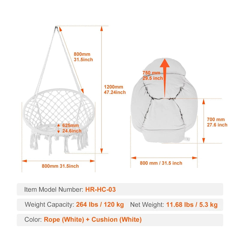 Fauteuil suspendu hamac, fauteuil suspendu en macramé avec coussin et matériel de fixation, fauteuil suspendu en corde de coton