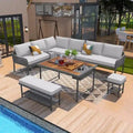 Ensemble de salon de jardin modulable 6 pièces en résine tressée avec table en bois, glacière et coussins