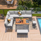 Ensemble de salon de jardin modulable 6 pièces en résine tressée avec table en bois, glacière et coussins