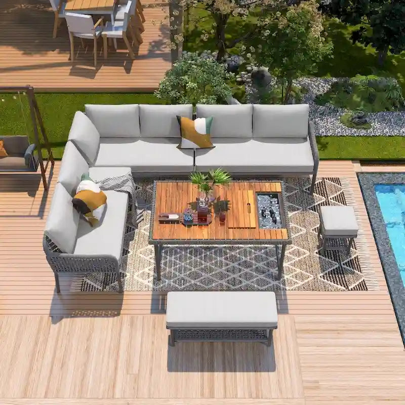 Ensemble de salon de jardin modulable 6 pièces en résine tressée avec table en bois, glacière et coussins