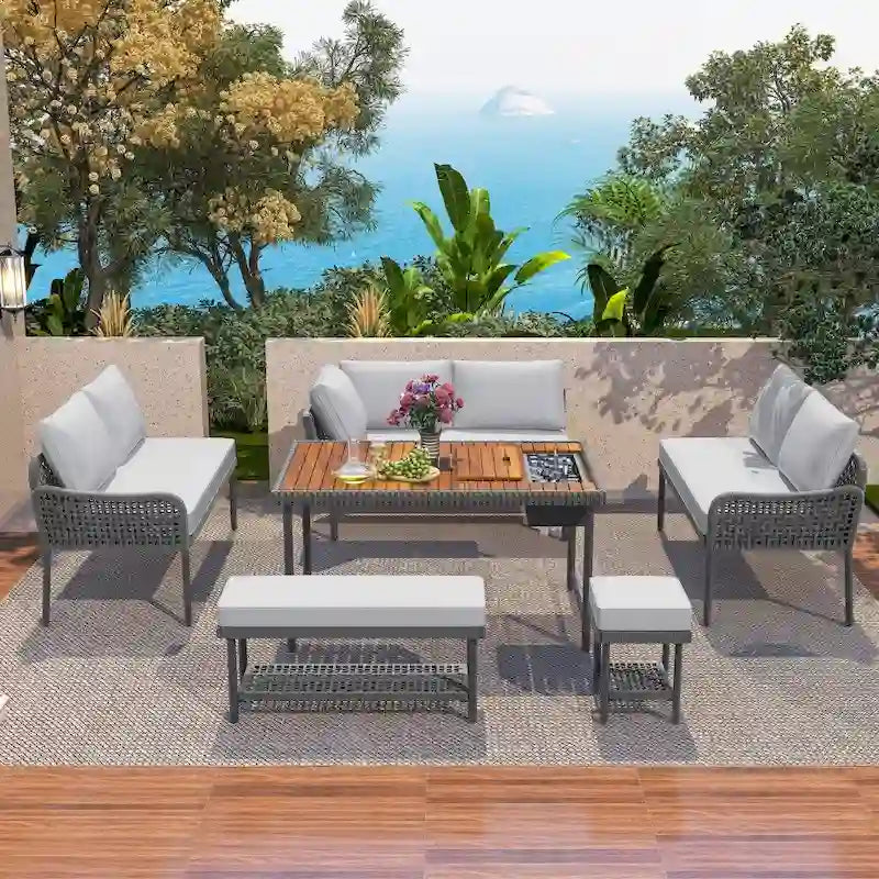 Ensemble de salon de jardin modulable 6 pièces en résine tressée avec table en bois, glacière et coussins