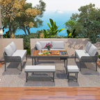 Ensemble de salon de jardin modulable 6 pièces en résine tressée avec table en bois, glacière et coussins