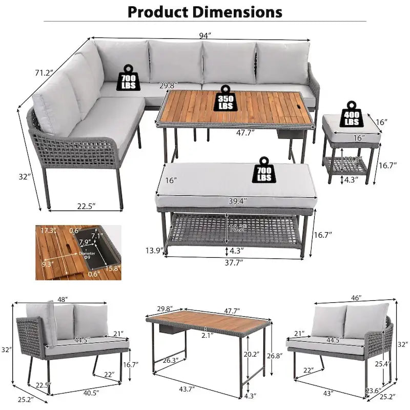 Ensemble de salon de jardin modulable 6 pièces en résine tressée avec table en bois, glacière et coussins
