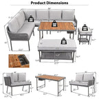 Ensemble de salon de jardin modulable 6 pièces en résine tressée avec table en bois, glacière et coussins