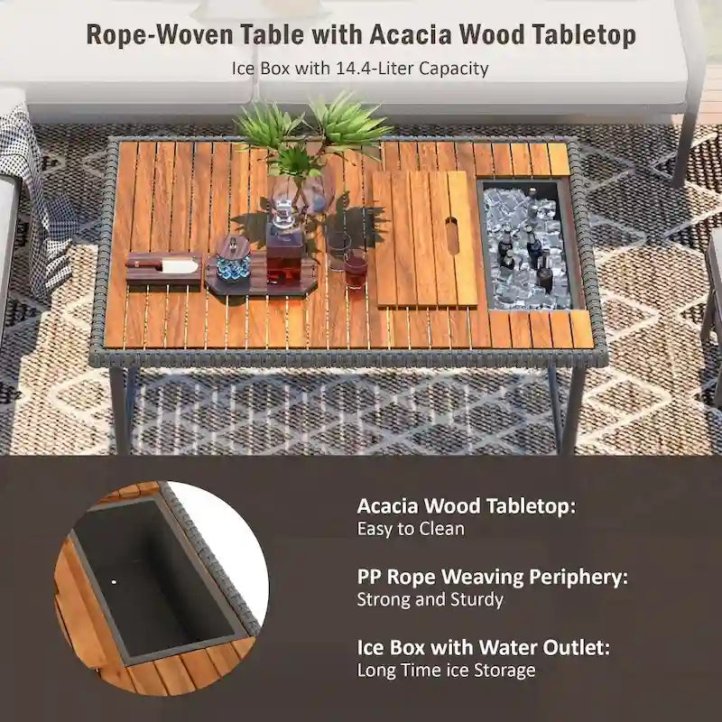 Ensemble de salon de jardin modulable 6 pièces en résine tressée avec table en bois, glacière et coussins