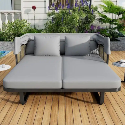 Lit de jour d'extérieur en rotin de 57 pouces avec auvent et coussin
