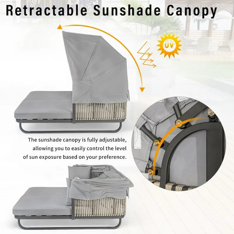 Lit de jour d'extérieur en rotin de 57 pouces avec auvent et coussin