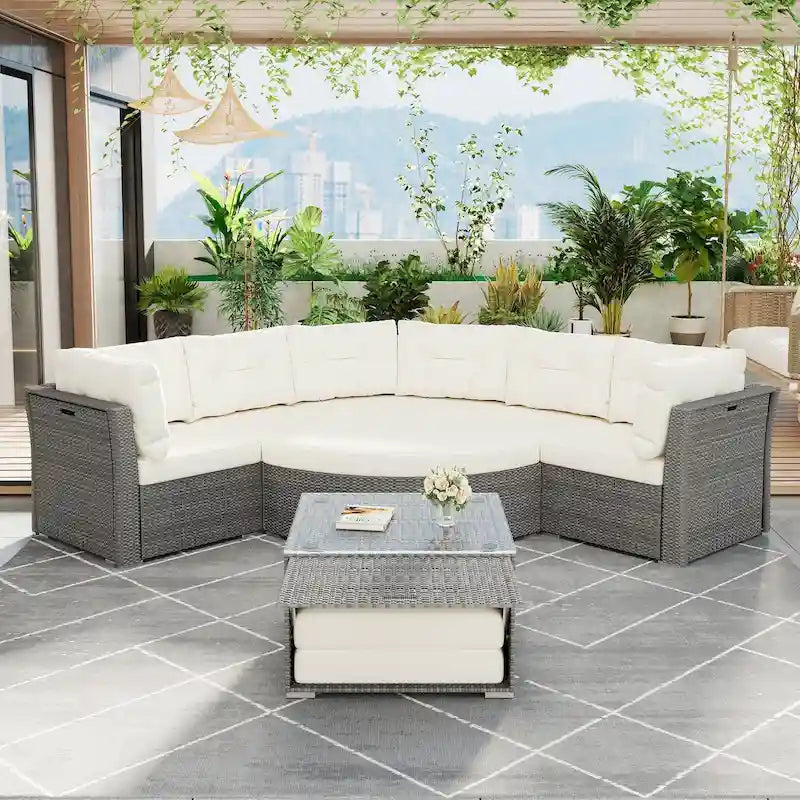 Ensemble de mobilier de patio, canapé-lit d'extérieur, ensemble de mobilier de jardin en rotin, coin salon de patio avec coussins et table basse