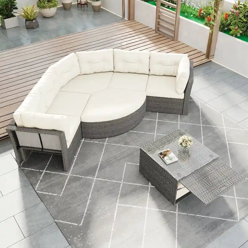 Ensemble de mobilier de patio, canapé-lit d'extérieur, ensemble de mobilier de jardin en rotin, coin salon de patio avec coussins et table basse