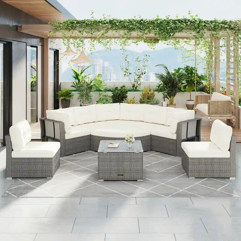 Ensemble de mobilier de patio, canapé-lit d'extérieur, ensemble de mobilier de jardin en rotin, coin salon de patio avec coussins et table basse