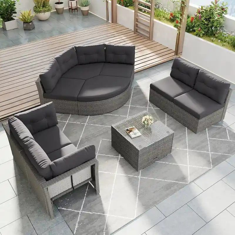 Ensemble de mobilier de patio, canapé-lit d'extérieur, ensemble de mobilier de jardin en rotin, coin salon de patio avec coussins et table basse