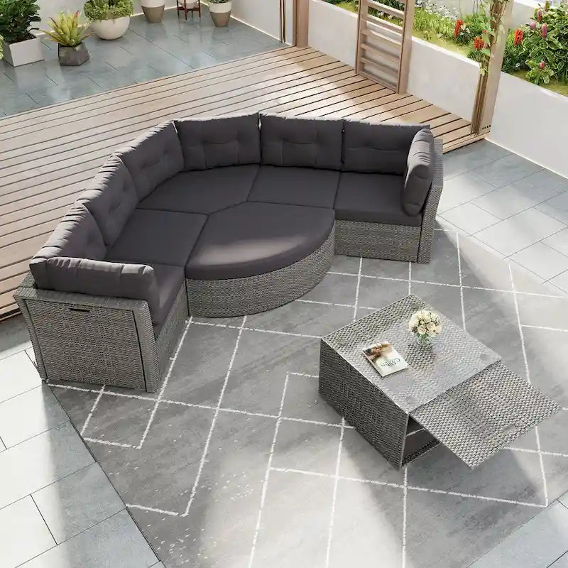 Ensemble de mobilier de patio, canapé-lit d'extérieur, ensemble de mobilier de jardin en rotin, coin salon de patio avec coussins et table basse