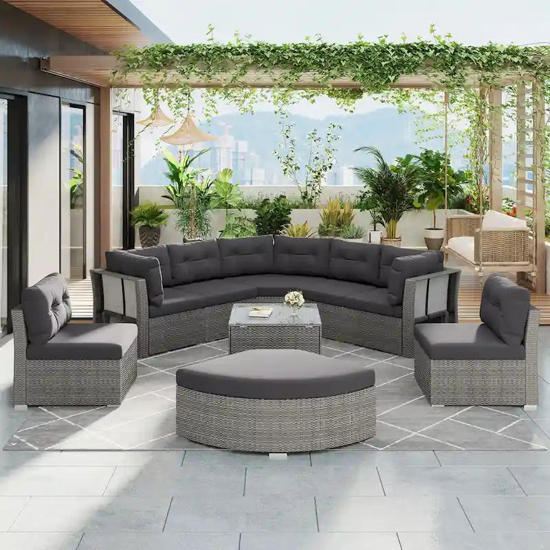 Ensemble de mobilier de patio, canapé-lit d'extérieur, ensemble de mobilier de jardin en rotin, coin salon de patio avec coussins et table basse